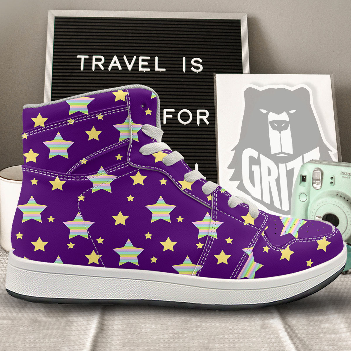 Yellow Stars Purple Print Pattern High Top Sneakers-grizzshop