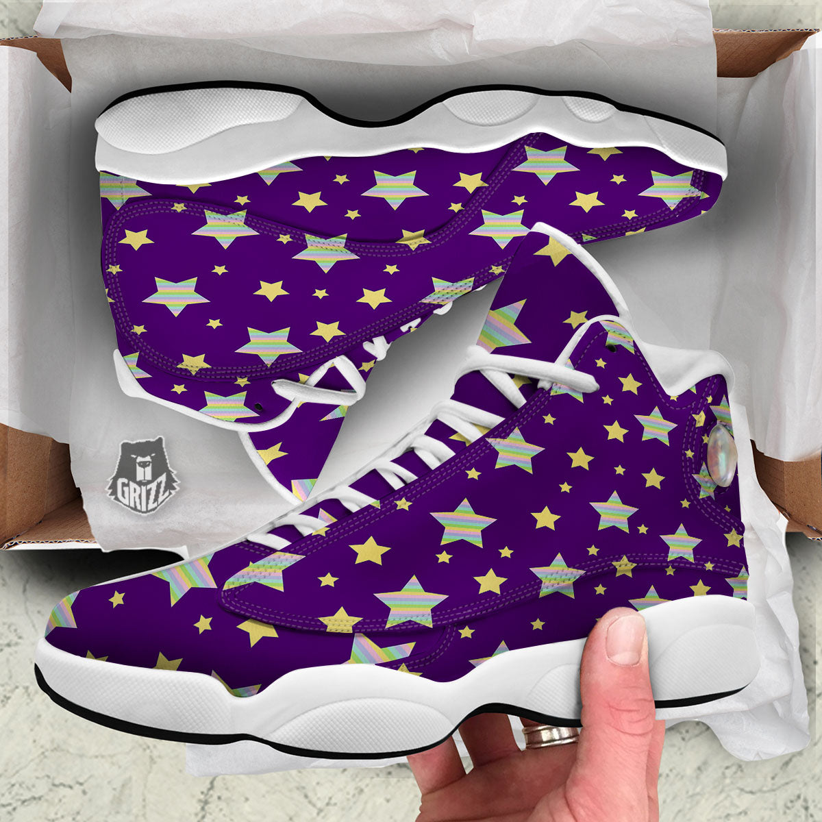 Yellow Stars Purple Print Pattern White Basketball Shoes-grizzshop