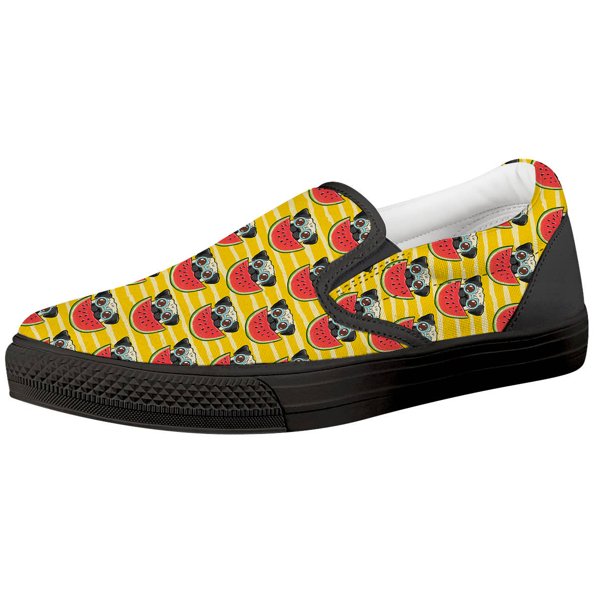 Yellow Striped Pug Dog Print Pattern Black Slip On Shoes-grizzshop