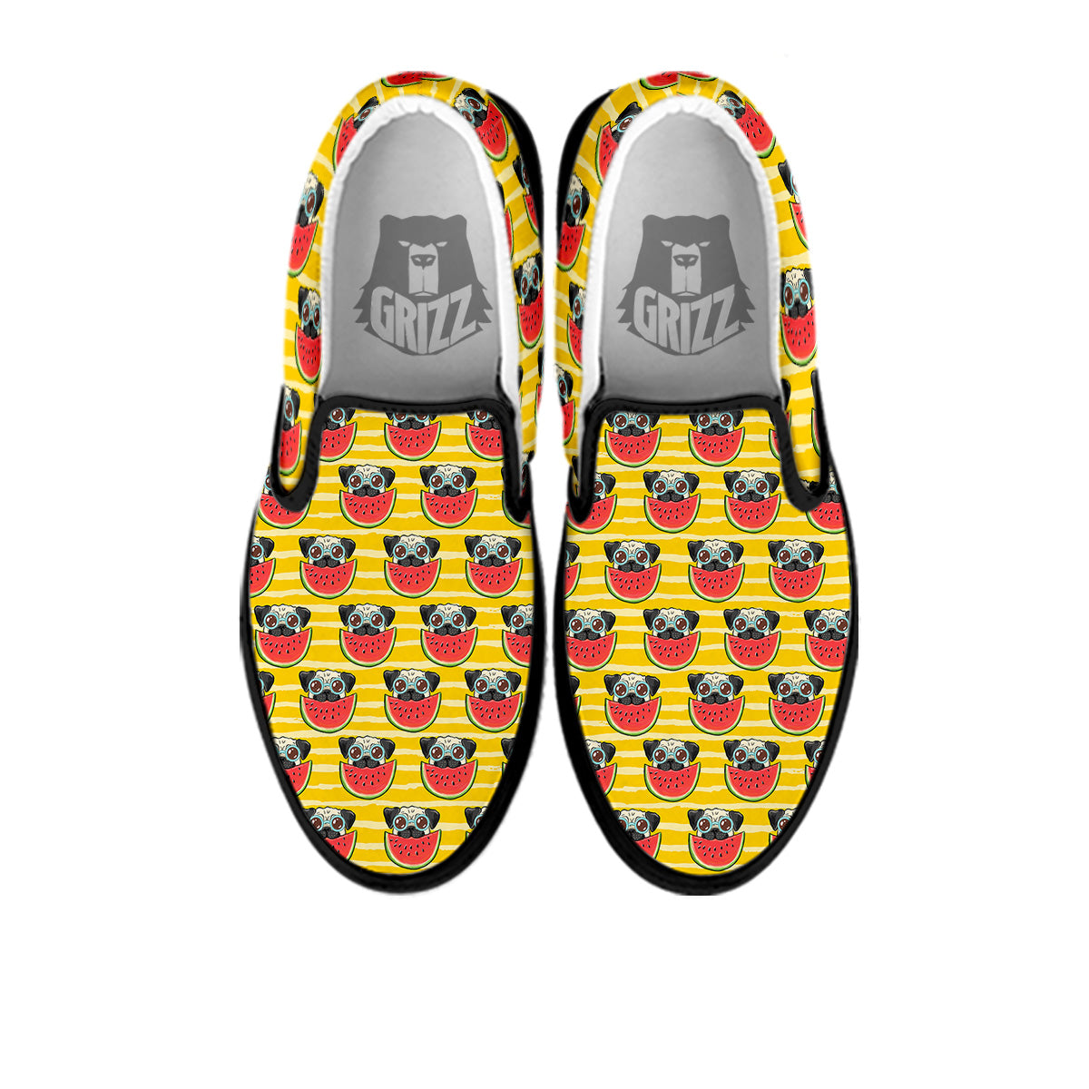Yellow Striped Pug Dog Print Pattern Black Slip On Shoes-grizzshop