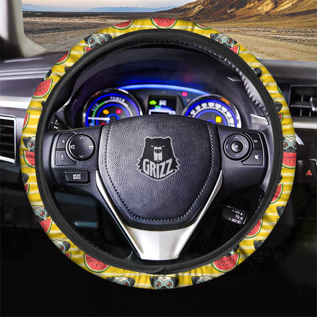 Yellow Striped Pug Dog Print Pattern Car Steering Wheel Cover-grizzshop