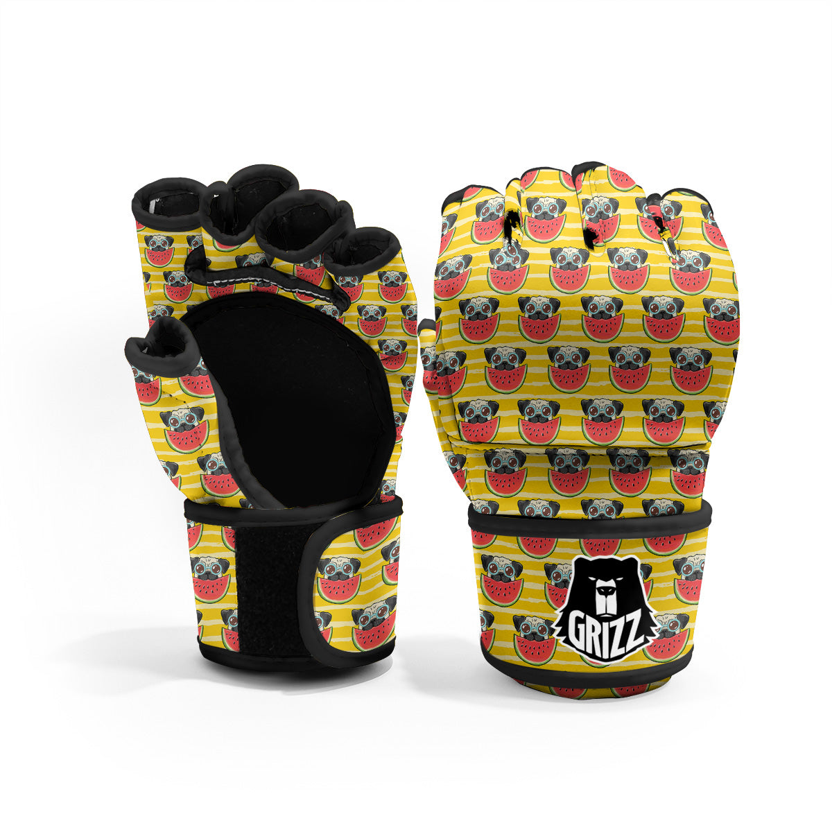 Yellow Striped Pug Dog Print Pattern MMA Gloves-grizzshop