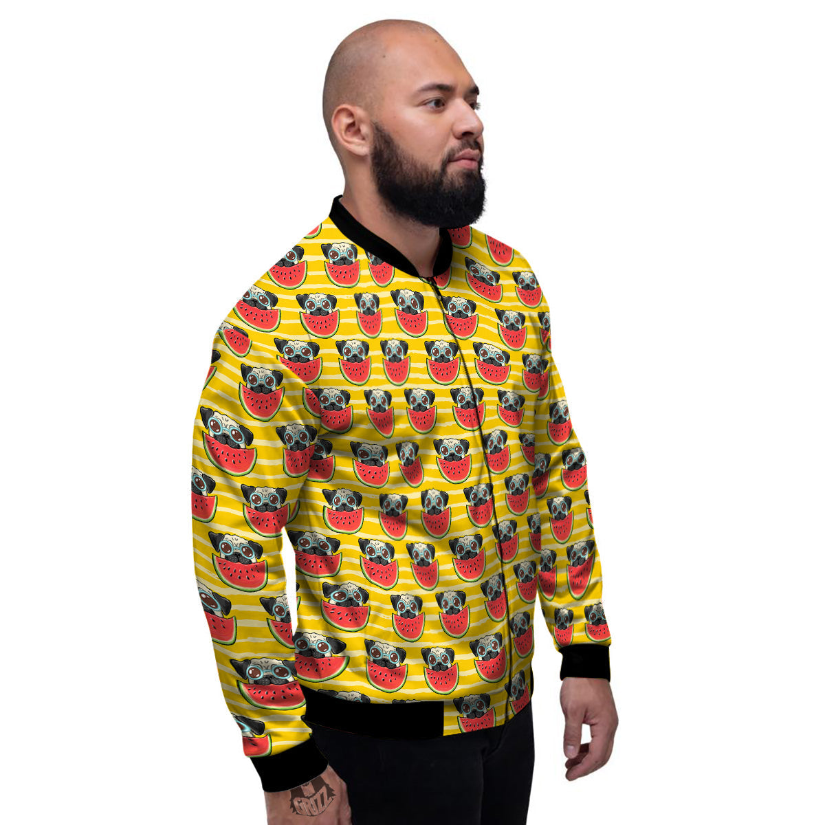Yellow Striped Pug Dog Print Pattern Men's Bomber Jacket-grizzshop