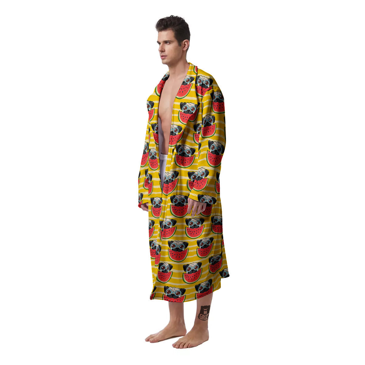 Yellow Striped Pug Dog Print Pattern Men's Robe-grizzshop