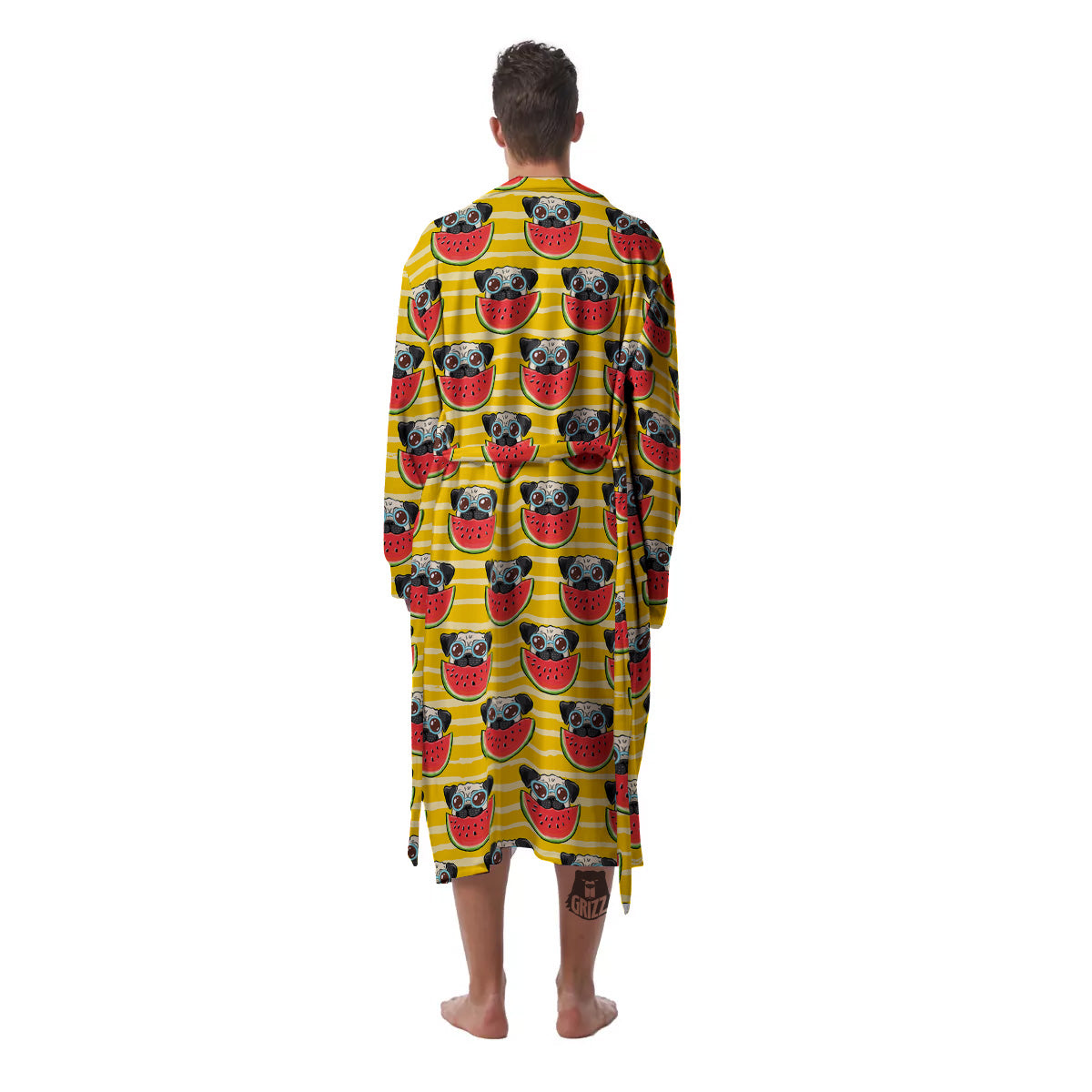 Yellow Striped Pug Dog Print Pattern Men's Robe-grizzshop
