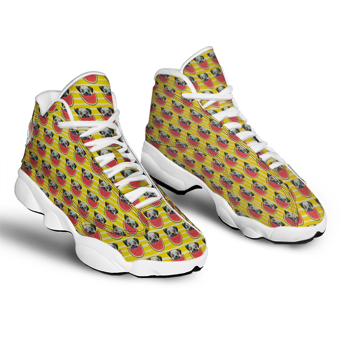 Yellow Striped Pug Dog Print Pattern White Basketball Shoes-grizzshop