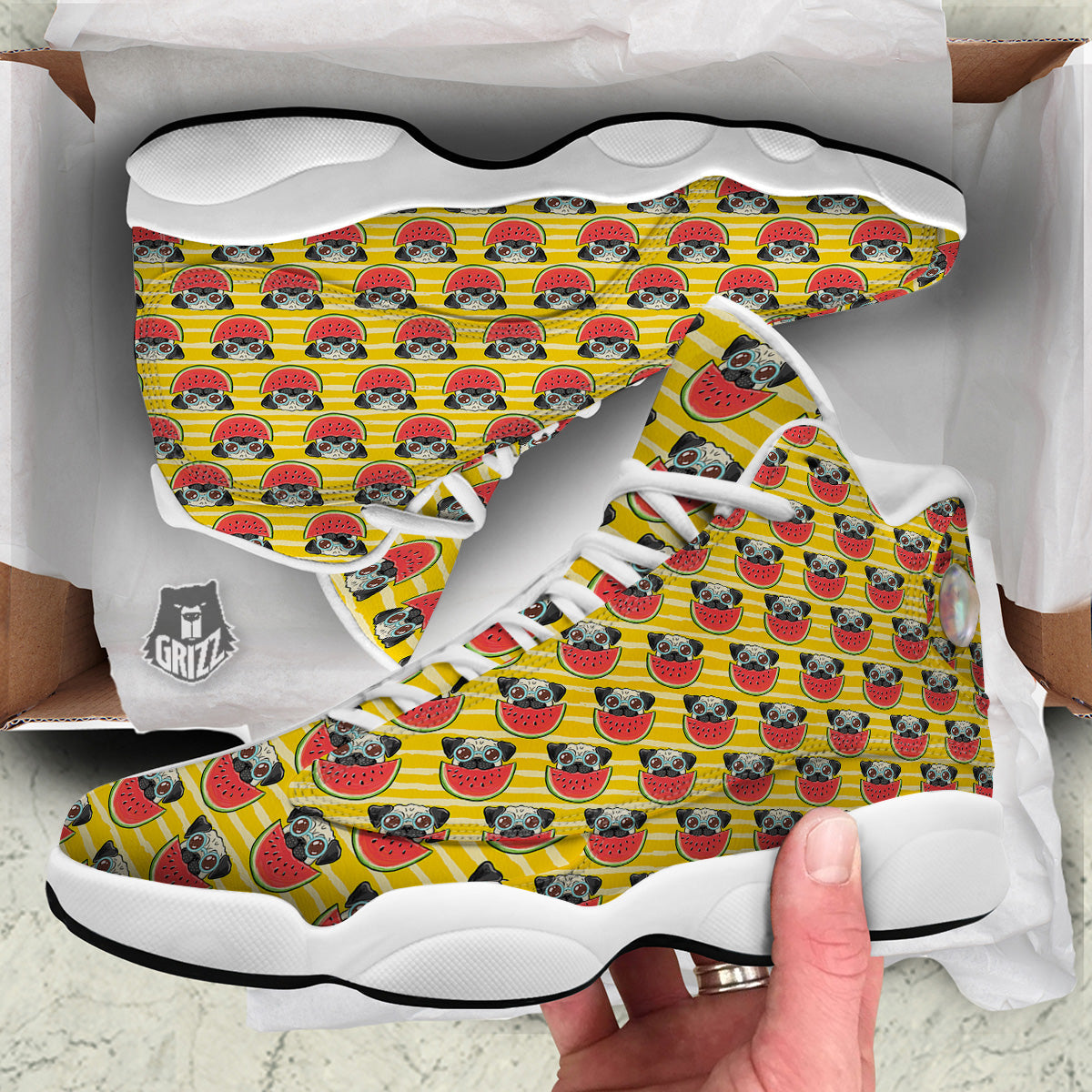 Yellow Striped Pug Dog Print Pattern White Basketball Shoes-grizzshop
