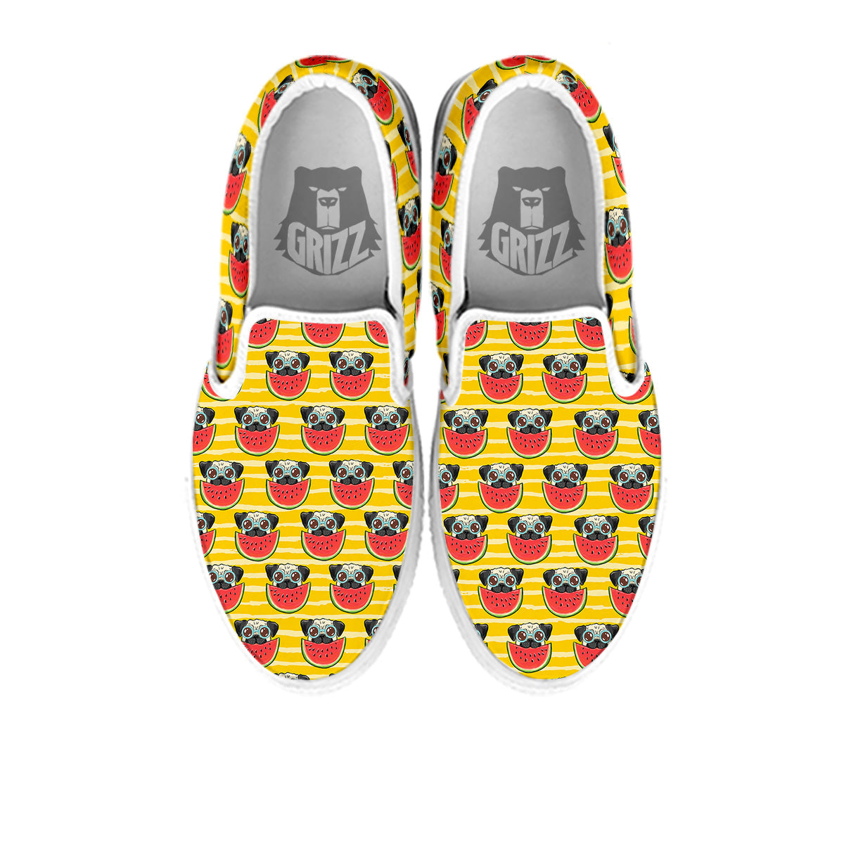 Yellow Striped Pug Dog Print Pattern White Slip On Shoes-grizzshop
