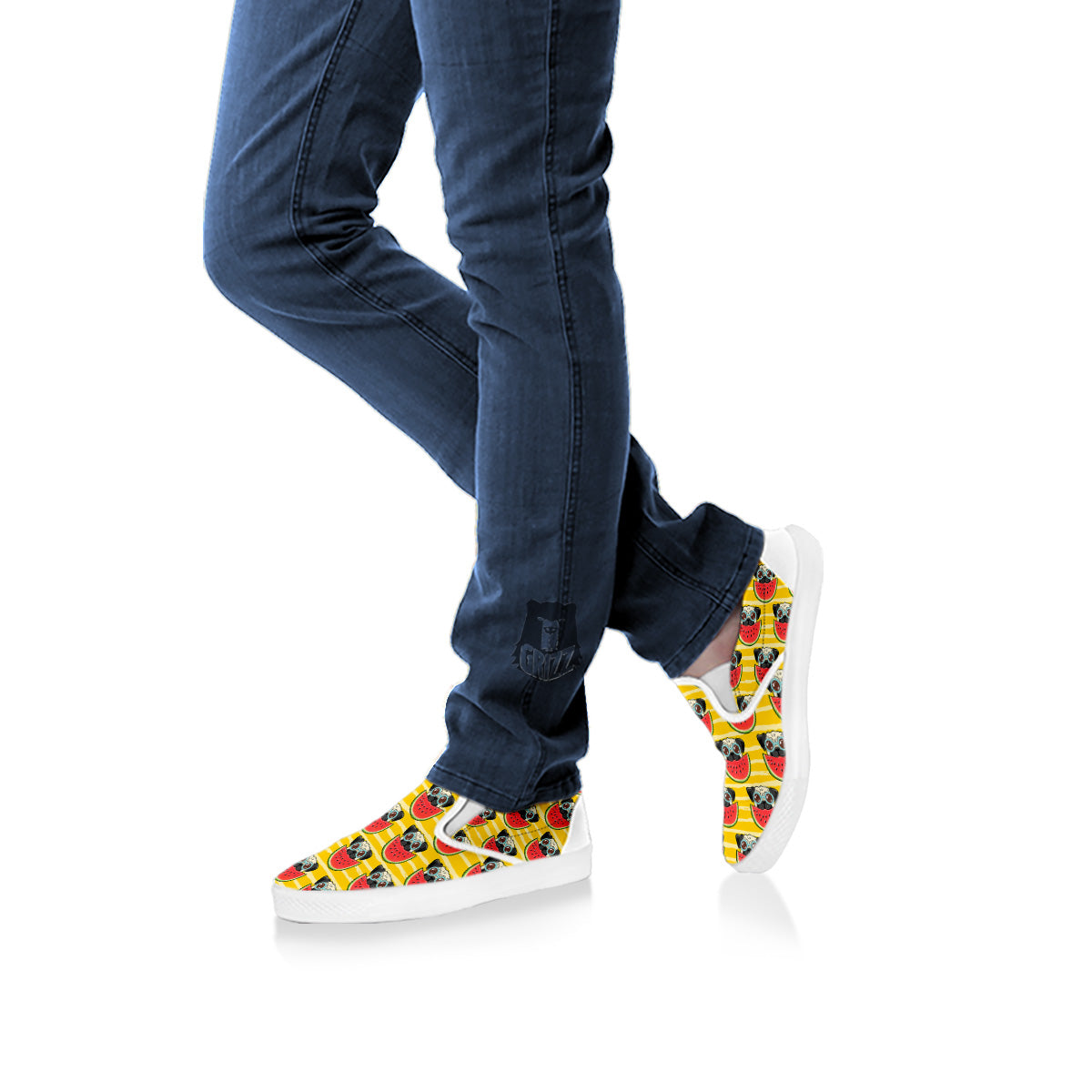 Yellow Striped Pug Dog Print Pattern White Slip On Shoes-grizzshop