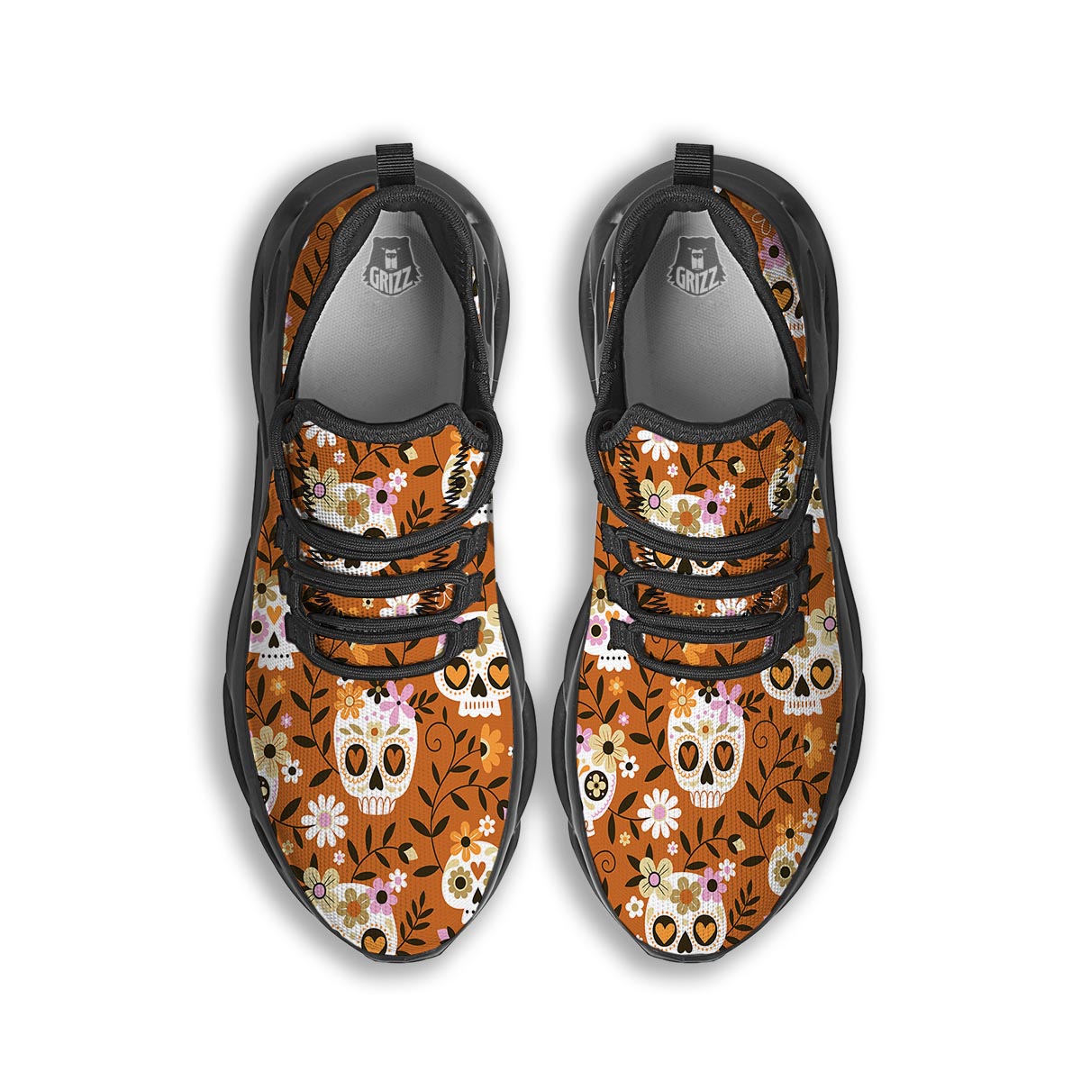 Yellow Sugar Skull Black Running Shoes-grizzshop