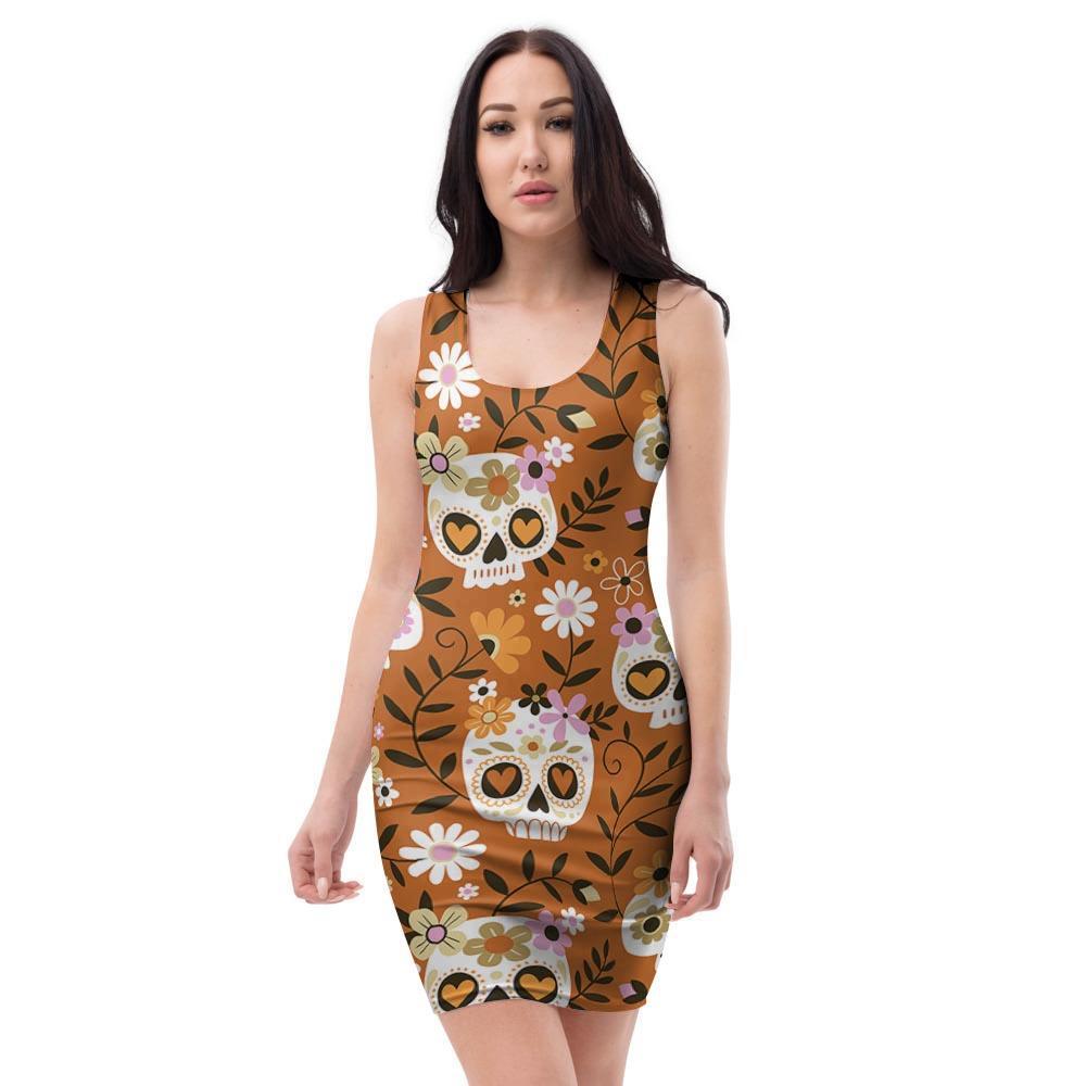 Yellow Sugar Skull Bodycon Dress-grizzshop