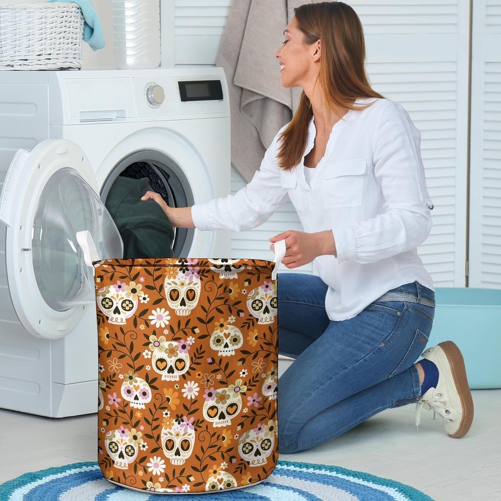 Yellow Sugar Skull Laundry Basket-grizzshop