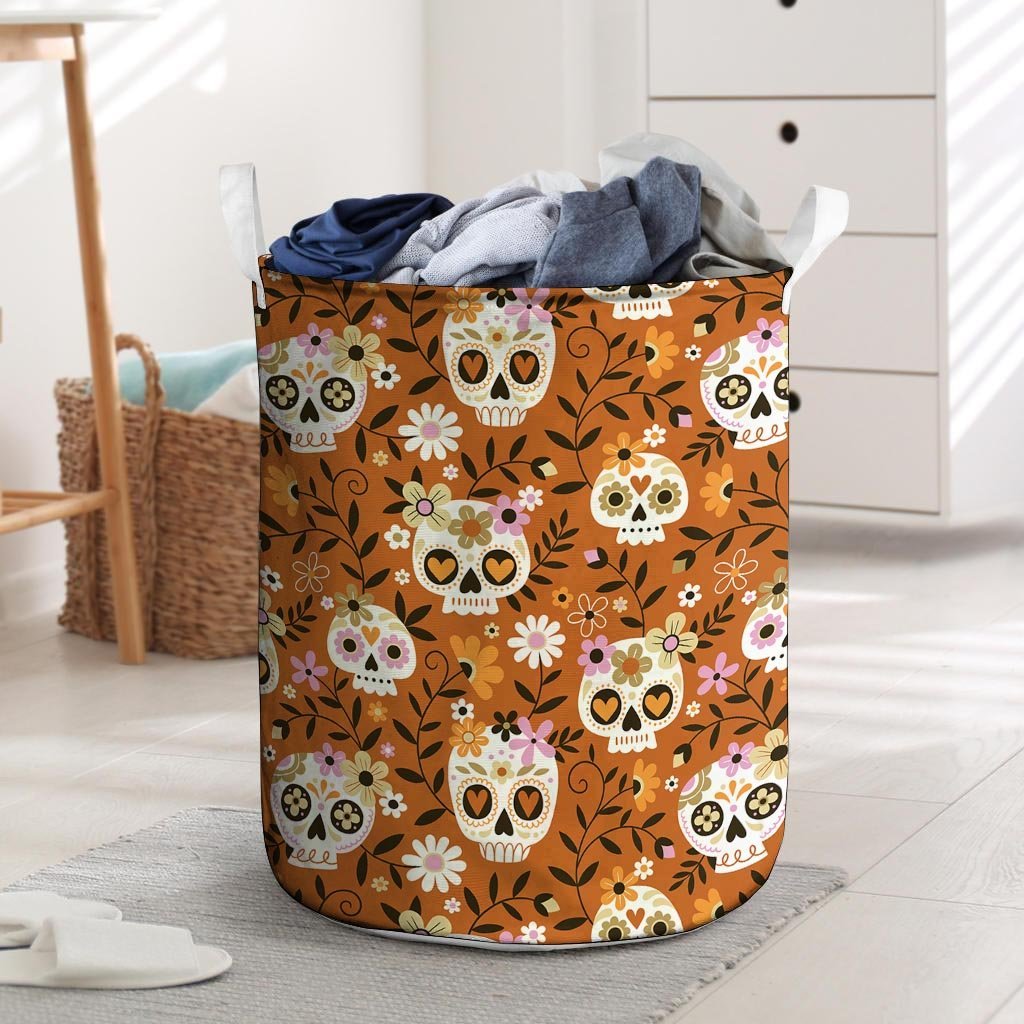 Yellow Sugar Skull Laundry Basket-grizzshop