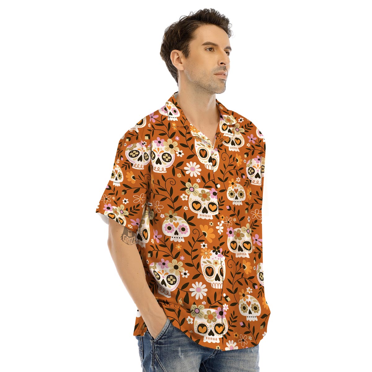 Yellow Sugar Skull Men’s Hawaiian Shirt-grizzshop
