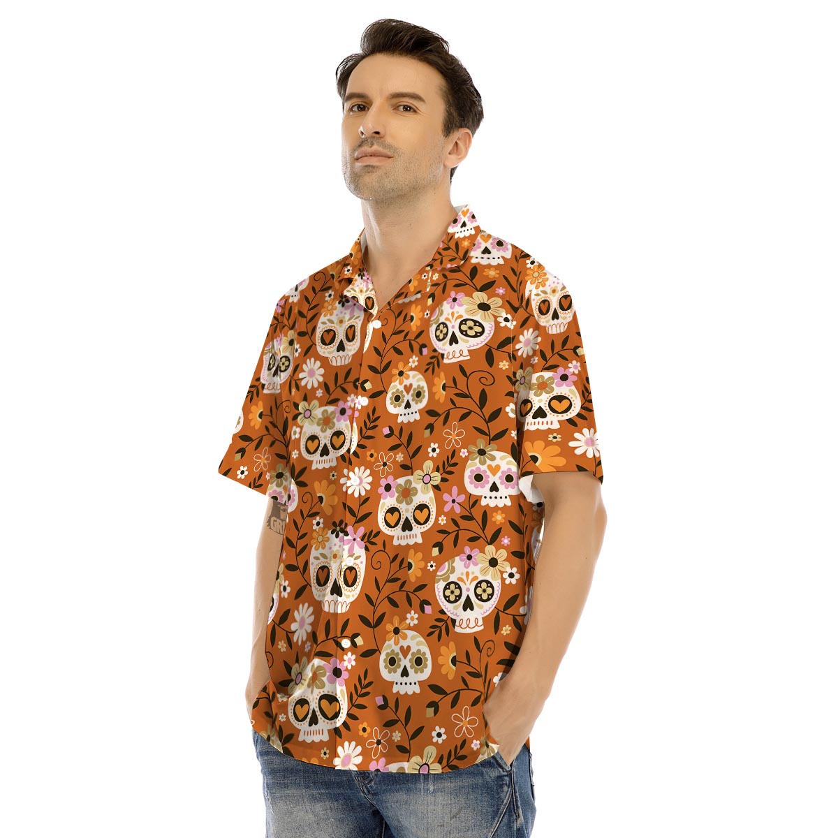 Yellow Sugar Skull Men’s Hawaiian Shirt-grizzshop