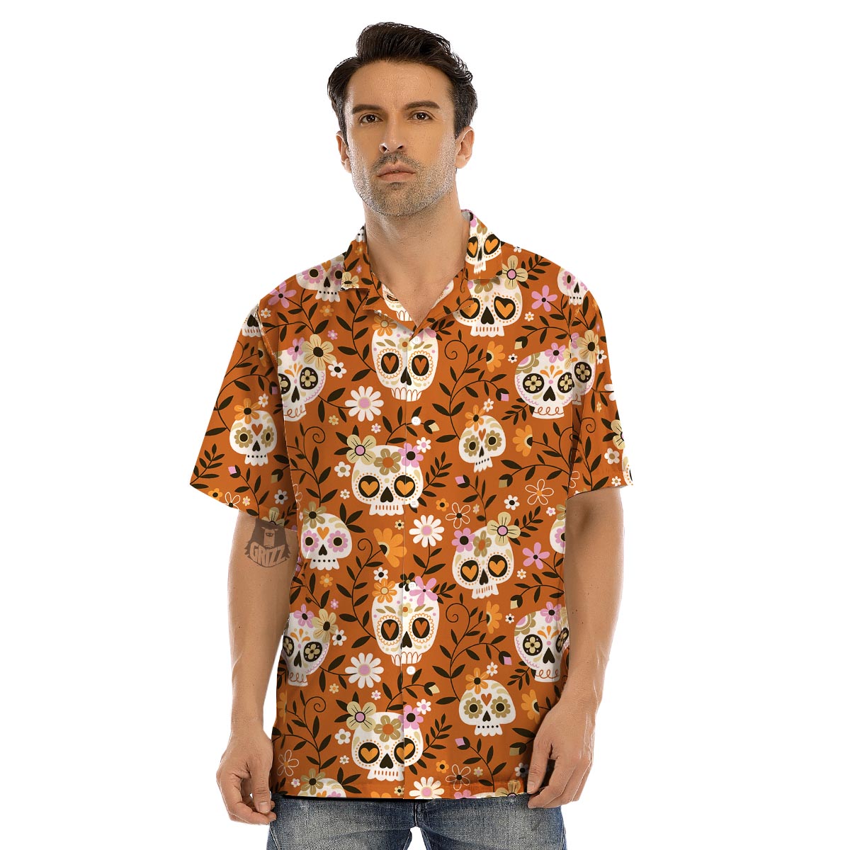 Yellow Sugar Skull Men’s Hawaiian Shirt-grizzshop