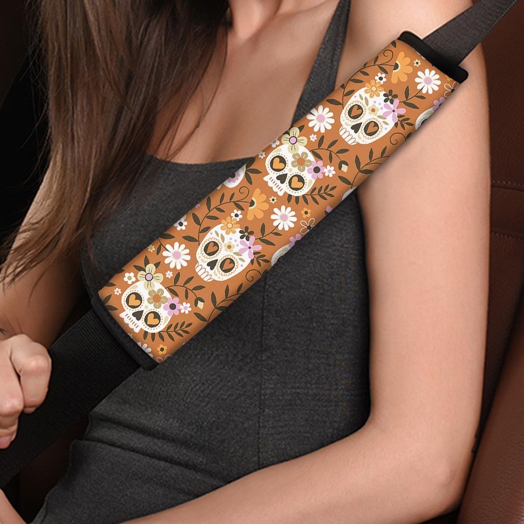Yellow Sugar Skull Seat Belt Cover-grizzshop
