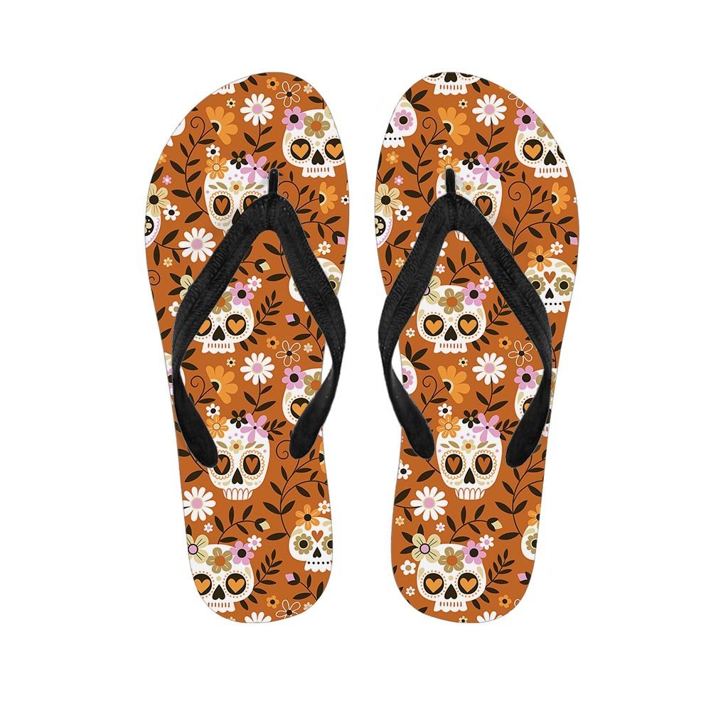 Yellow Sugar Skull Women's Flip Flops-grizzshop