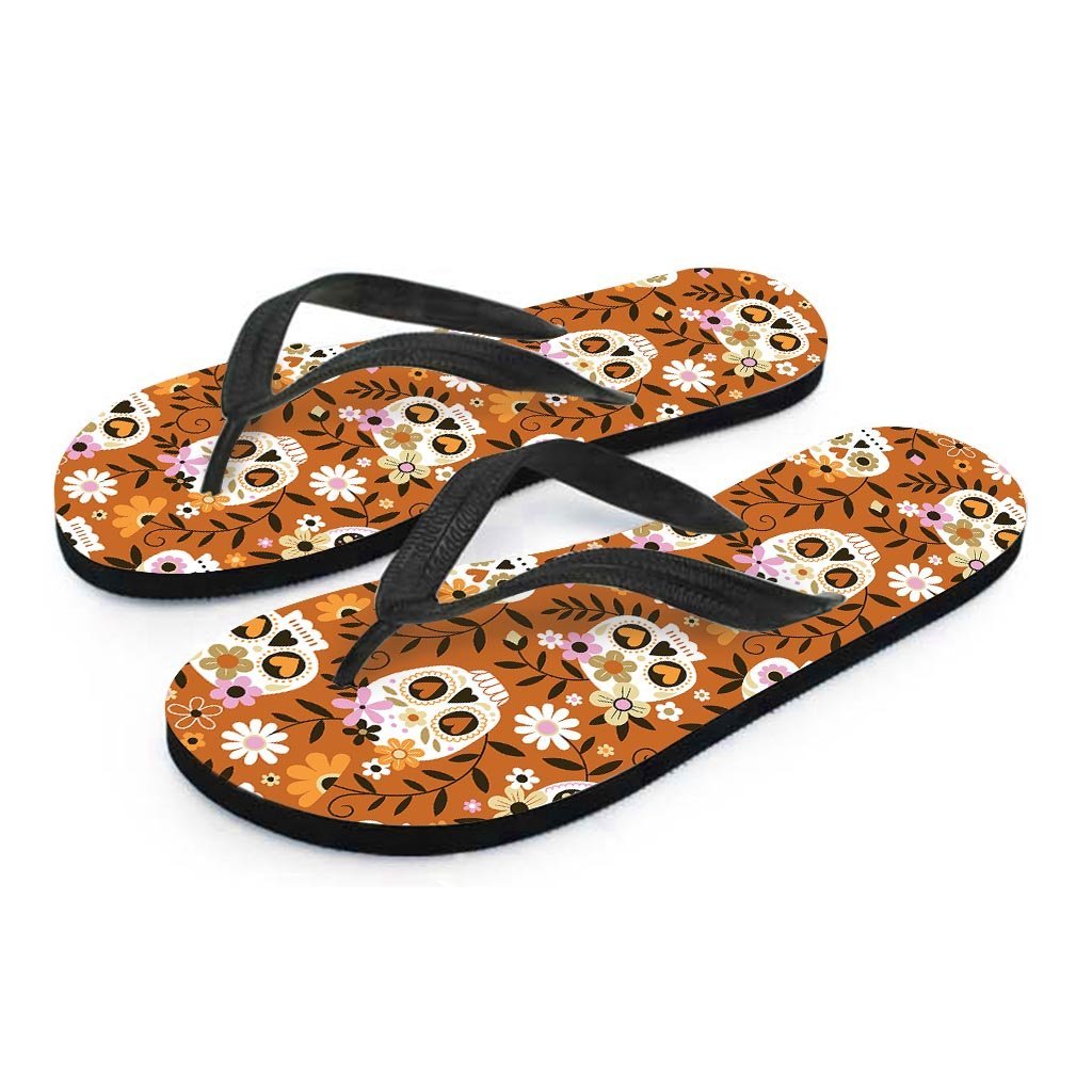 Yellow Sugar Skull Women's Flip Flops-grizzshop