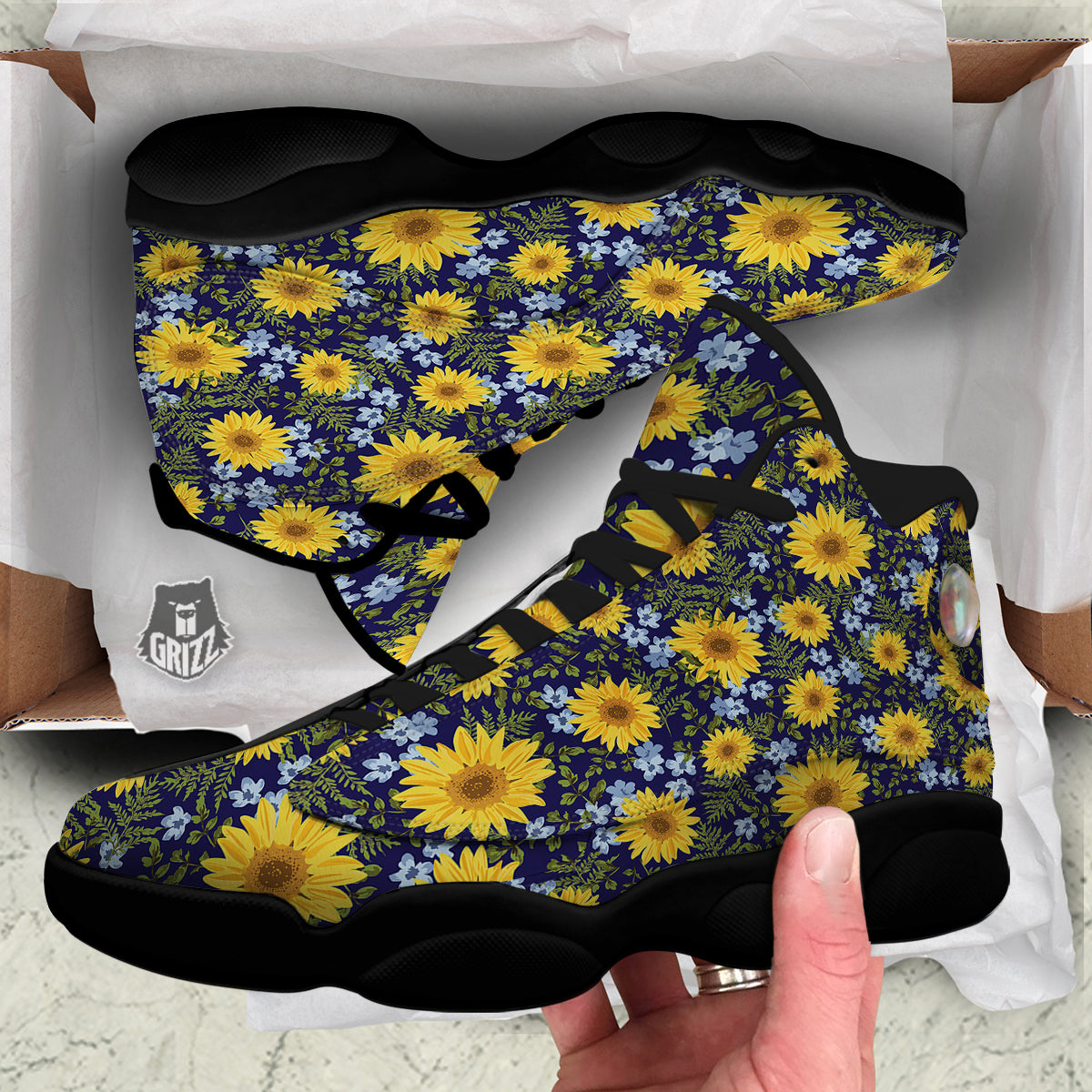 Yellow Sunflower Floral Print Black Basketball Shoes-grizzshop