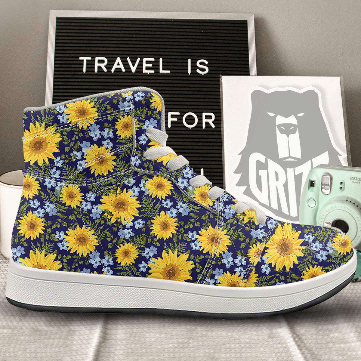 Yellow Sunflower Floral Print High Top Sneakers-grizzshop