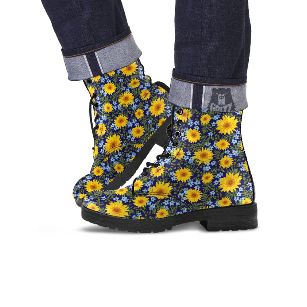 Yellow Sunflower Floral Print Leather Boots-grizzshop