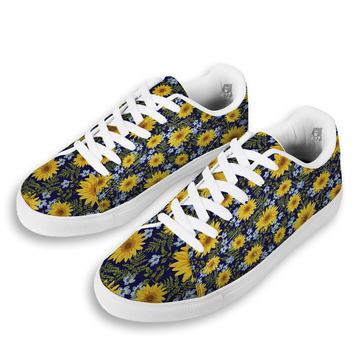 Yellow Sunflower Floral Print White Low Top Sneakers-grizzshop