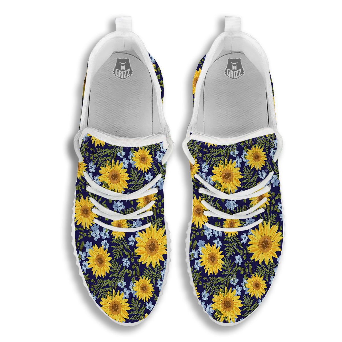 Yellow Sunflower Floral Print White Walking Shoes-grizzshop