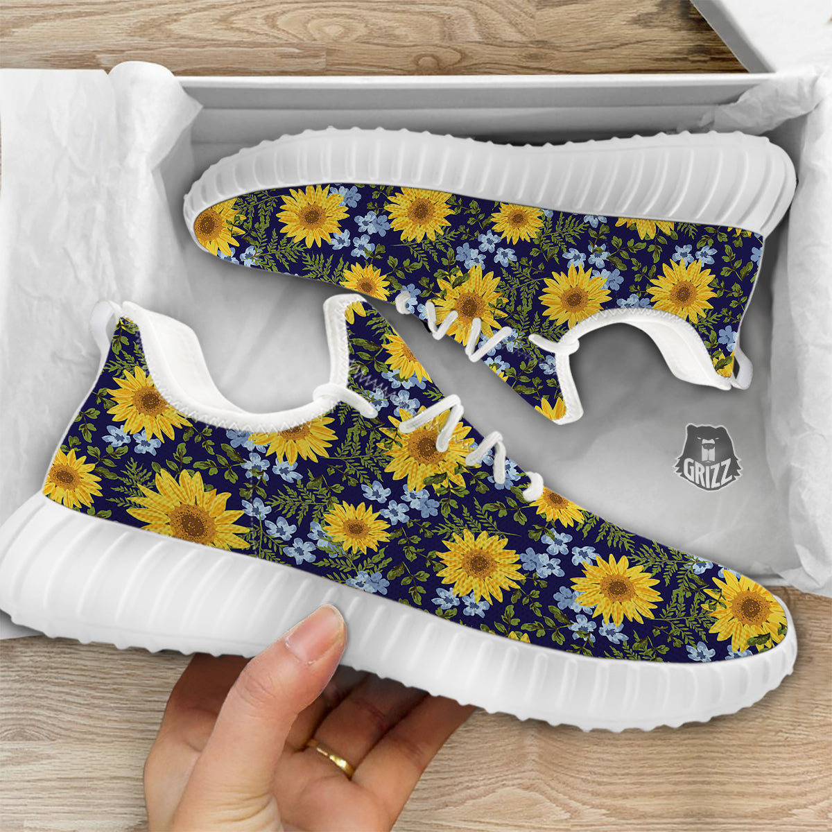 Yellow Sunflower Floral Print White Walking Shoes-grizzshop