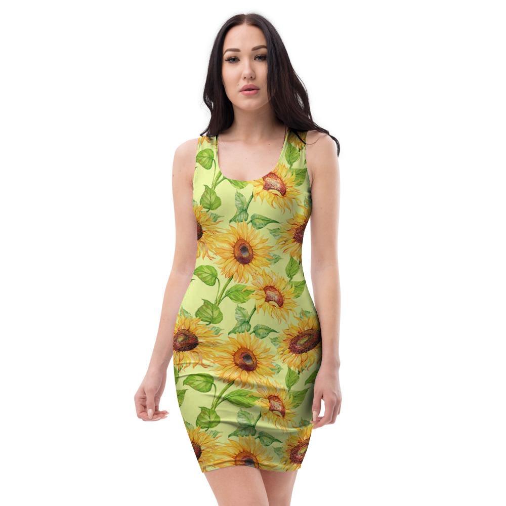 Yellow Sunflower Print Bodycon Dress-grizzshop