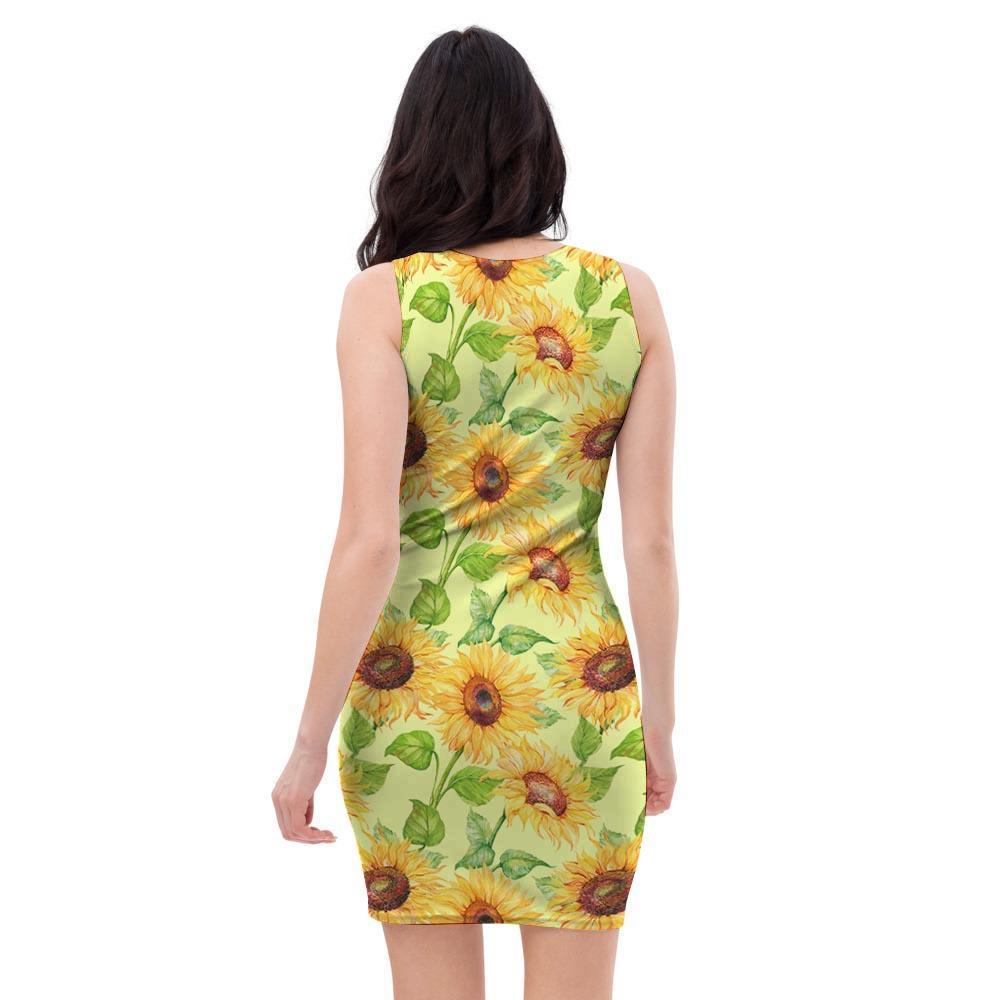 Yellow Sunflower Print Bodycon Dress-grizzshop