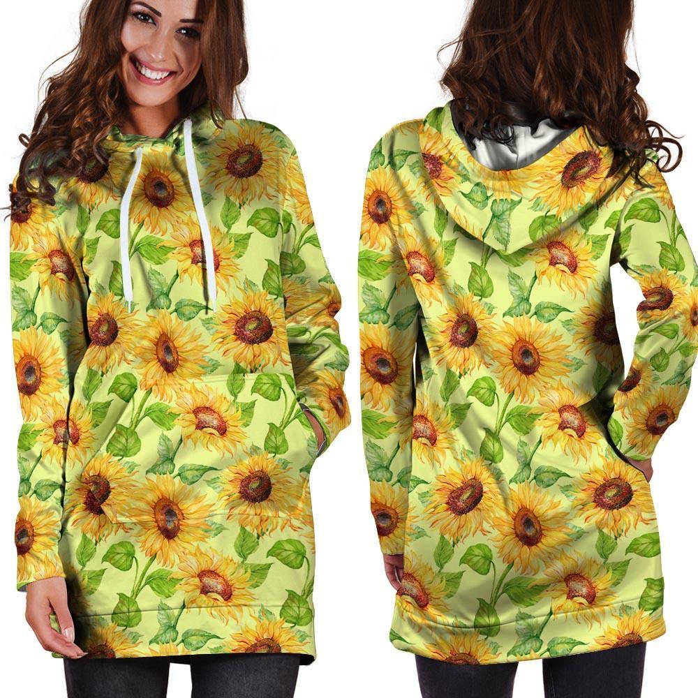 Yellow Sunflower Print Hoodie Dress-grizzshop