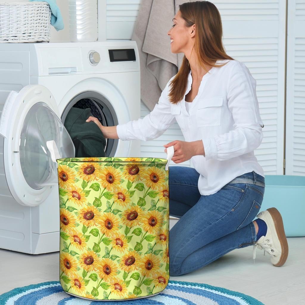 Yellow Sunflower Print Laundry Basket-grizzshop