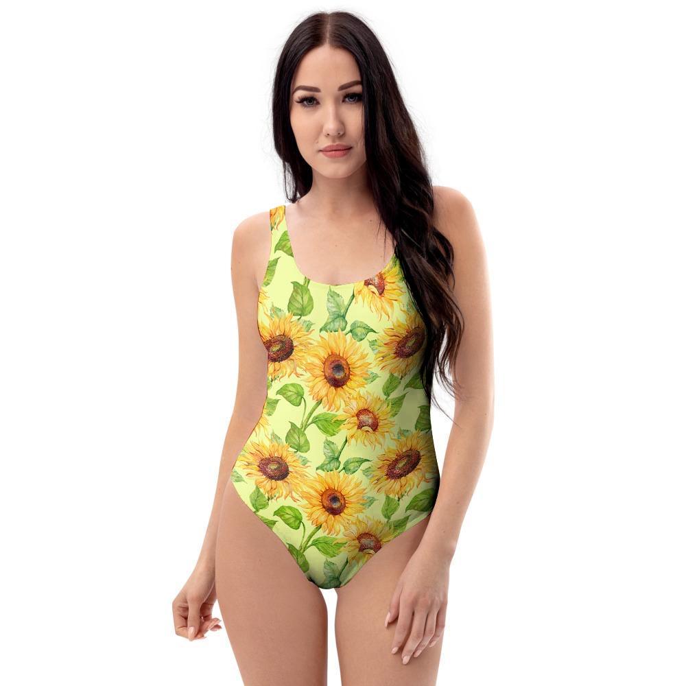 Yellow Sunflower Print One Piece Swimsuite-grizzshop