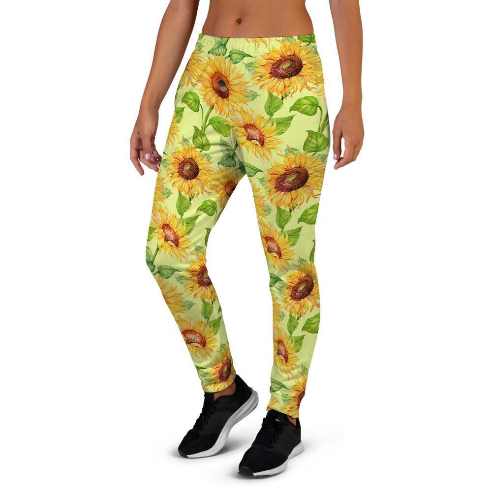 Yellow Sunflower Print Women's Joggers-grizzshop