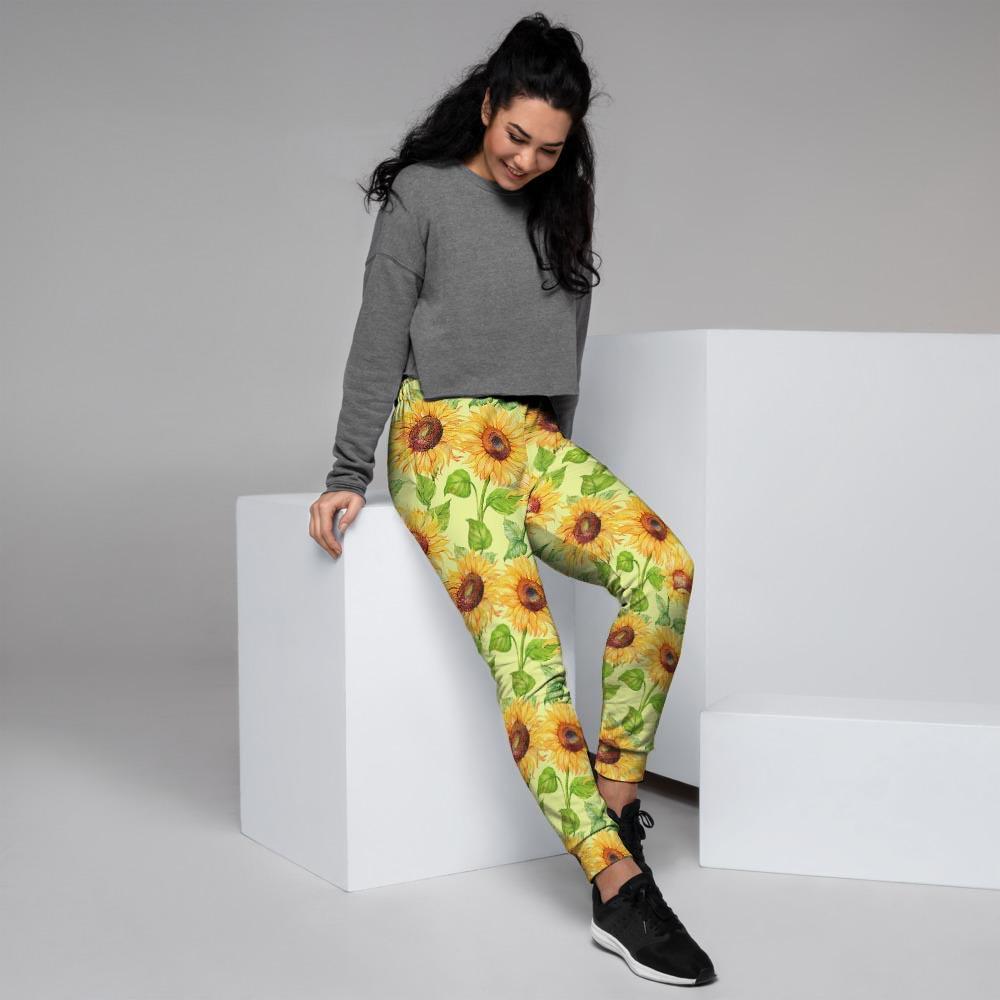 Yellow Sunflower Print Women's Joggers-grizzshop