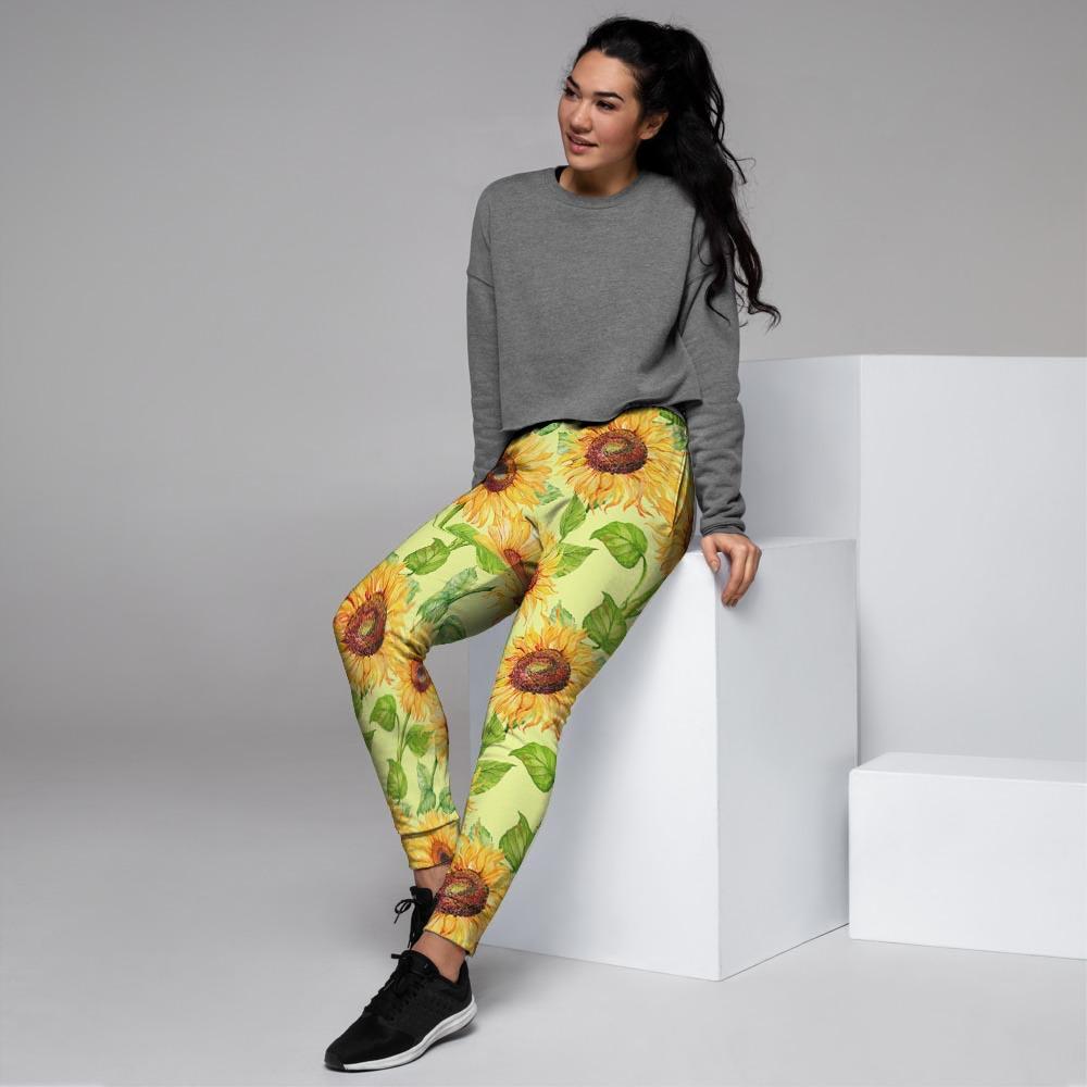 Yellow Sunflower Print Women's Joggers-grizzshop