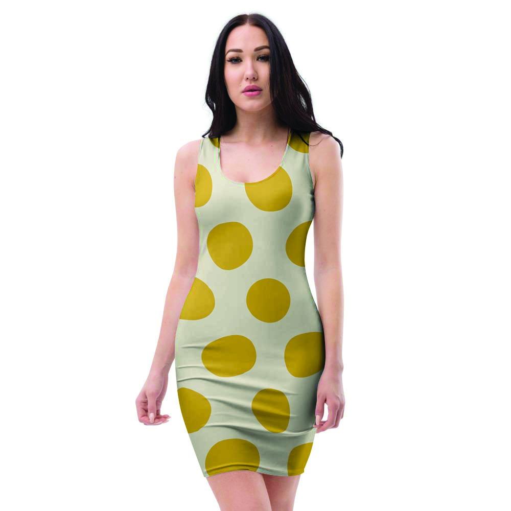 Yellow White Polka Dot Bodycon Dress-grizzshop