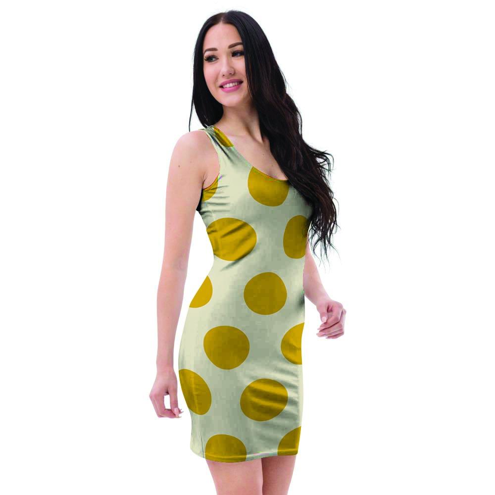 Yellow White Polka Dot Bodycon Dress-grizzshop
