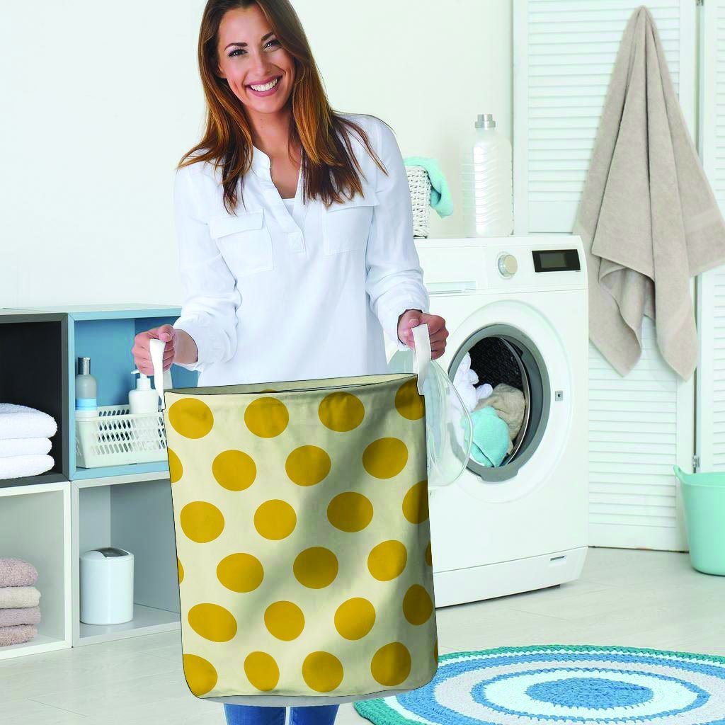 Yellow White Polka Dot Laundry Basket-grizzshop