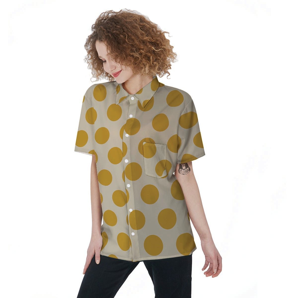 Yellow White Polka Dot Women's Short Sleeve Shirts-grizzshop