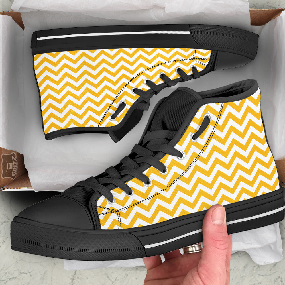 Yellow Zigzag Print Pattern Black High Top Shoes-grizzshop