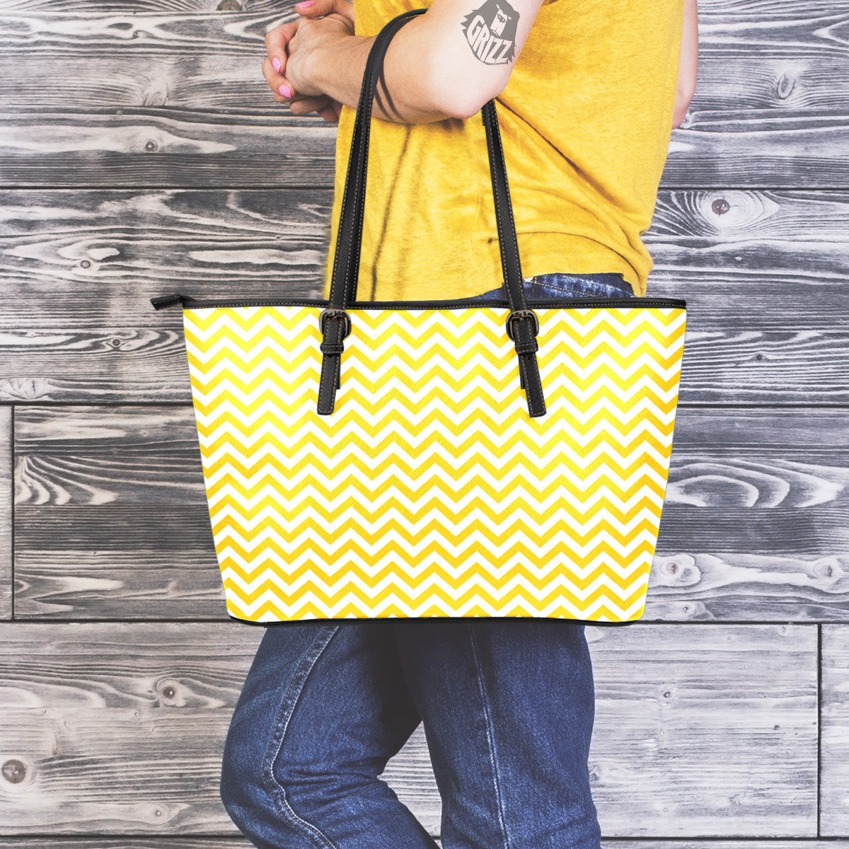 Yellow Zigzag Print Pattern Leather Tote Bag-grizzshop