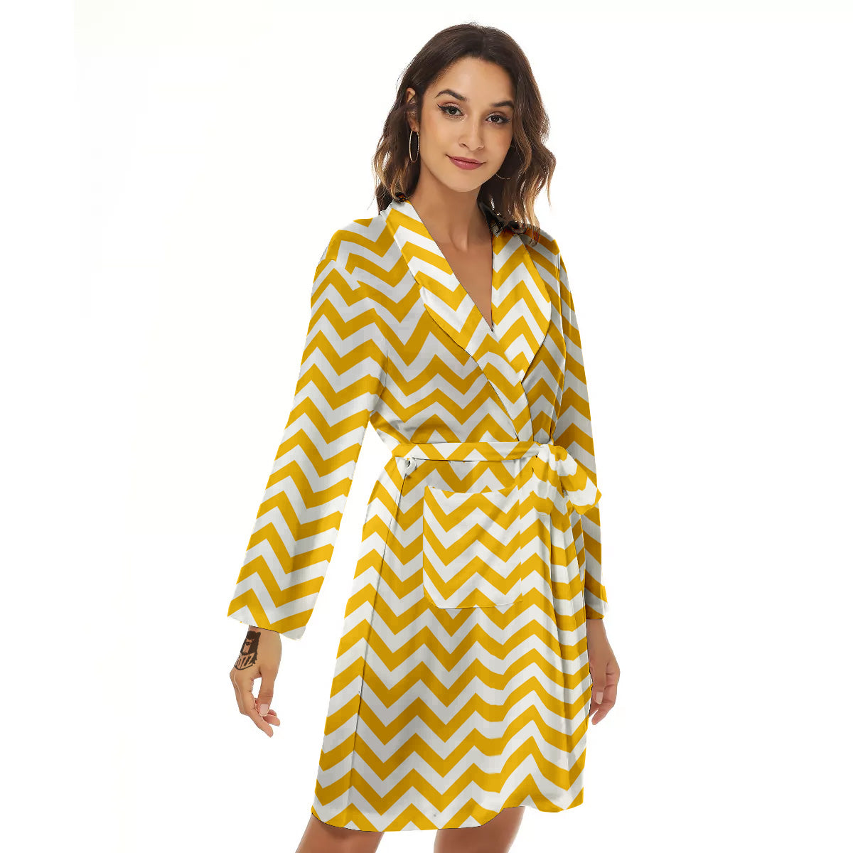Yellow Zigzag Print Pattern Women's Robe-grizzshop