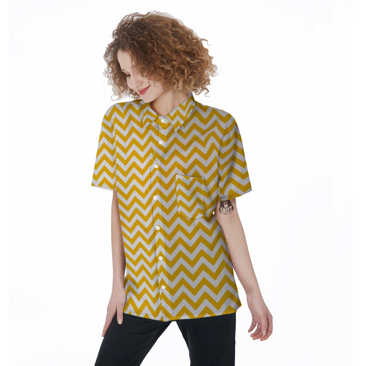 Yellow Zigzag Print Pattern Women's Short Sleeve Shirts-grizzshop