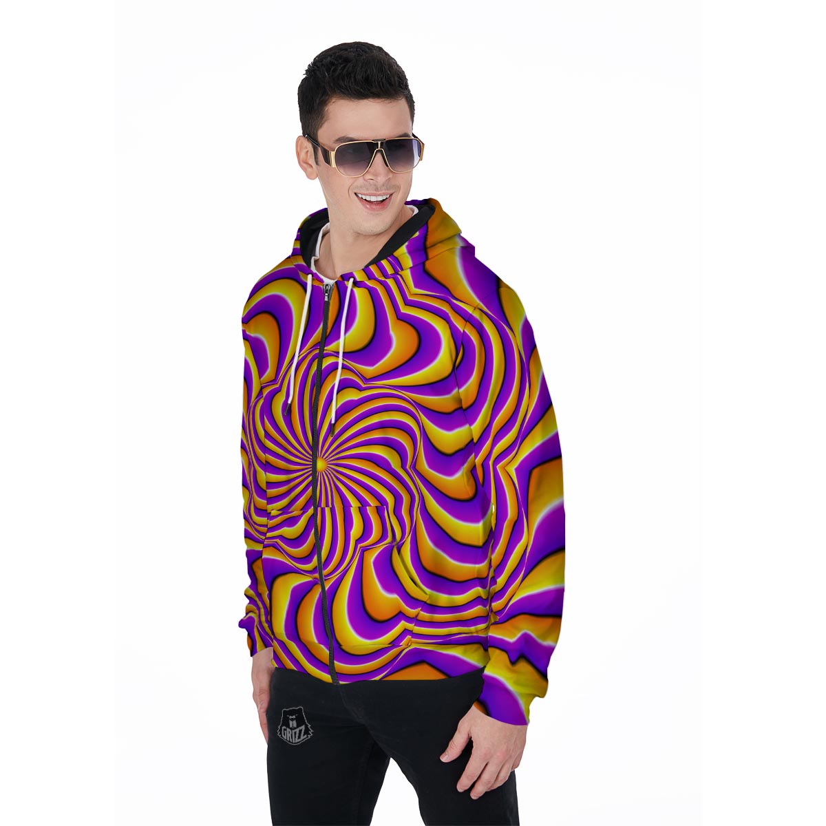 Yellow and purple spin illusion. Men's Zip Up Hoodie-grizzshop