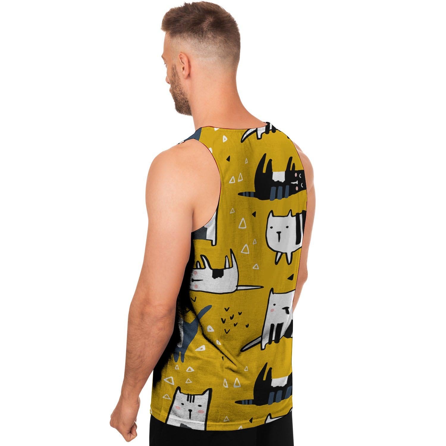 Yellow Doodle Cat Print Men's Tank Tops-grizzshop