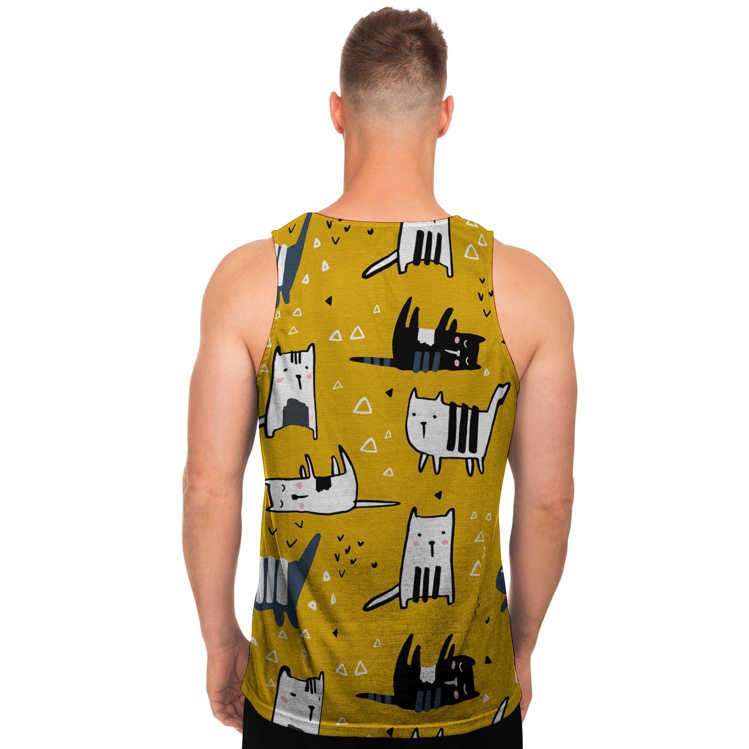 Yellow Doodle Cat Print Men's Tank Tops-grizzshop