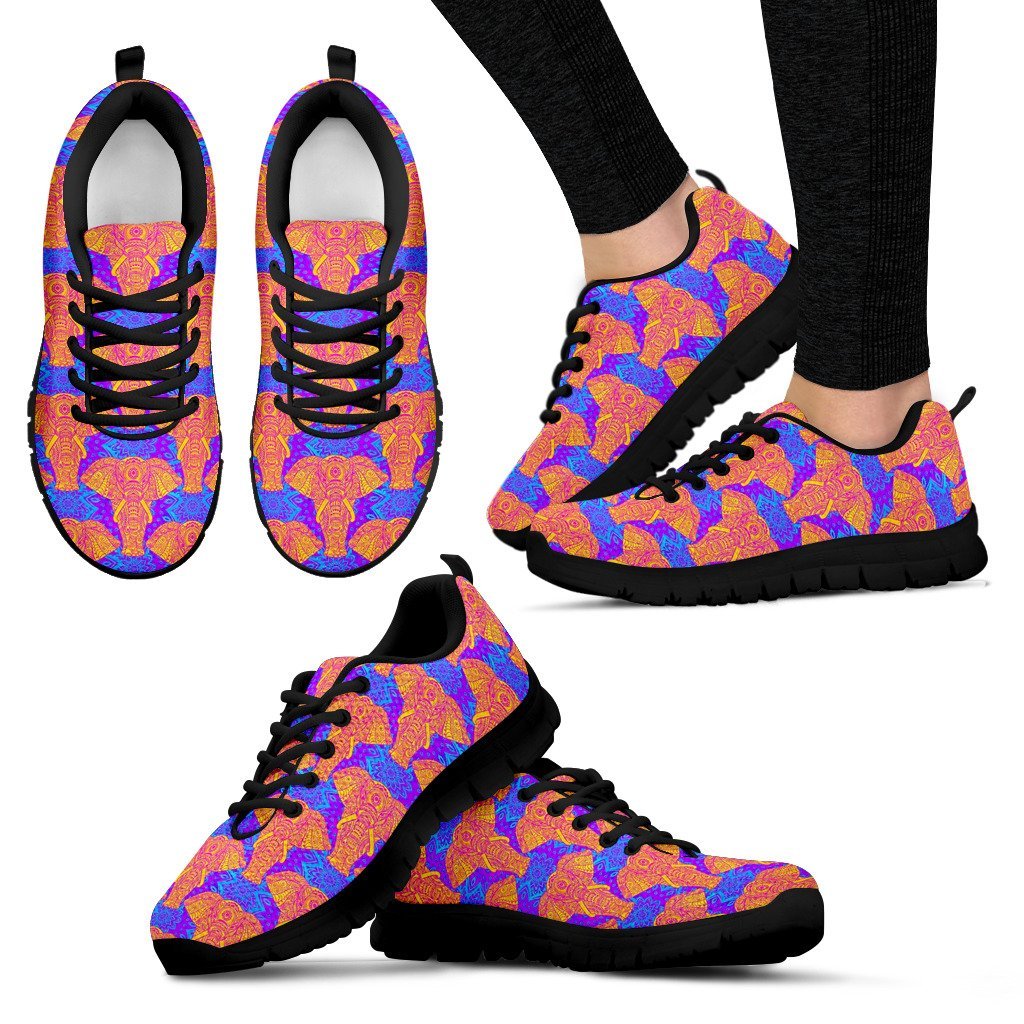 Yellow Elephant Mandala Print Black Sneaker Shoes For Men Women-grizzshop