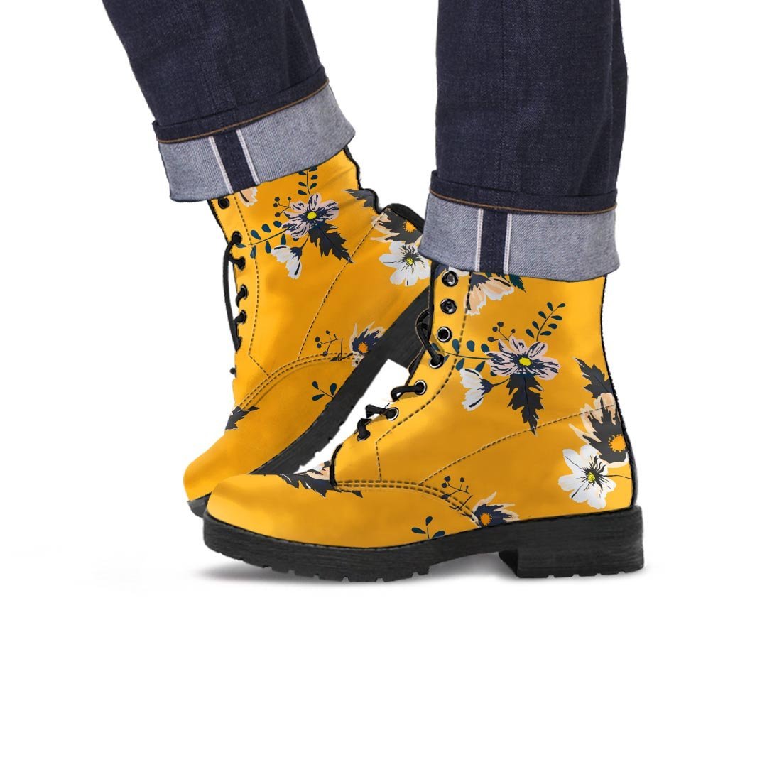 Yellow Flower Print Men's Boots-grizzshop